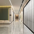 Modern Office Corridor Interior Design With Green Walls Beige Sofa Marble Floor And Blinds