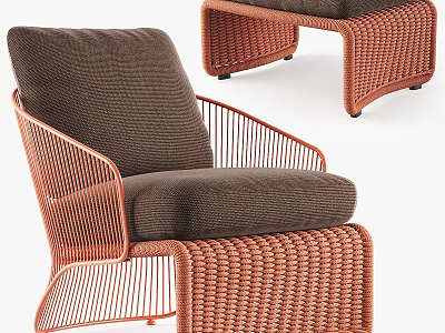 Contemporary Leisure Chair with Rattan Weave Curved Metal Frame and Brown Cushion 3d model