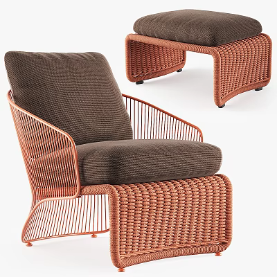 Contemporary Leisure Chair with Rattan Weave Curved Metal Frame and Brown Cushion 3d model