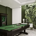 Luxurious Pool Room Interior With Green Felt Table Wine Cabinet And Large Vertical Plant Wall