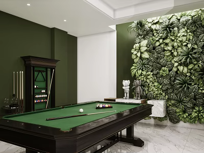 Luxurious Pool Room Interior With Green Felt Table Wine Cabinet And Large Vertical Plant Wall 3d model