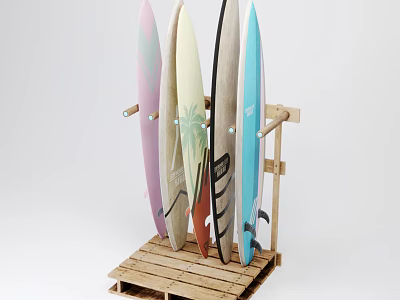 Sturdy Wooden Surfboard Storage Rack Organizing Multiple Colorful Surfboards Efficiently At Home 3d model