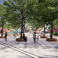 Park Landscape With Green Trees White Flowering Trees Modern Buildings And Paved Area