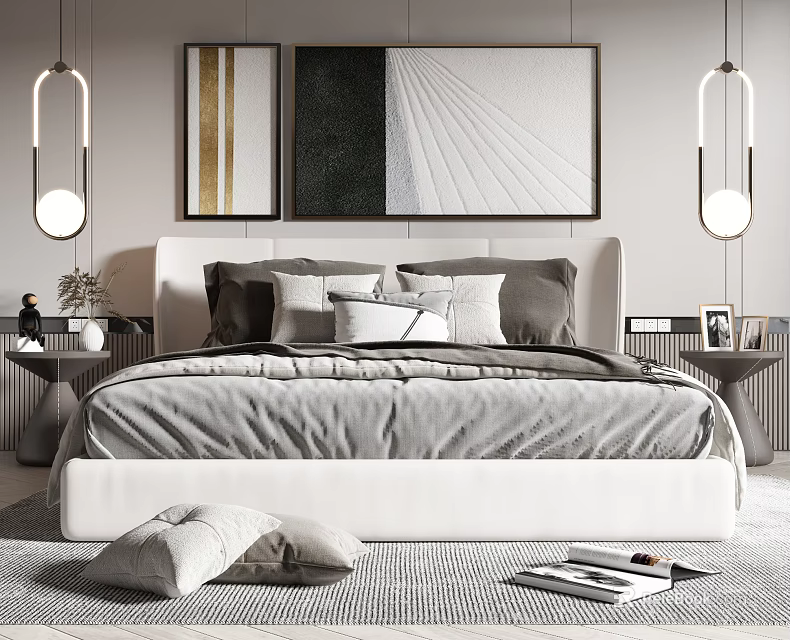Modern Double Bed With Minimalist Bedding Wall Art Hanging Lights And Nightstands 3d model 