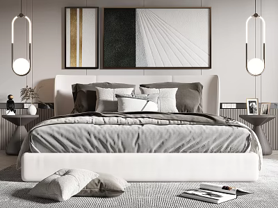 Modern Double Bed With Minimalist Bedding Wall Art Hanging Lights And Nightstands 3d model