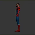 Man wearing Spider Man costume with red and blue suit standing against gray background