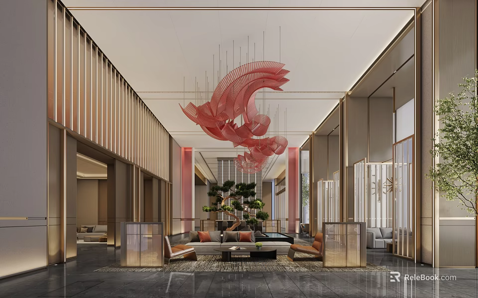 Elegant Modern Hotel Lobby Interior With Large Red Decorative Chandelier Comfortable Sofa And Green Plants 3d model 