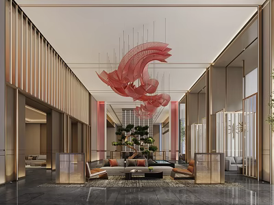 Elegant Modern Hotel Lobby Interior With Large Red Decorative Chandelier Comfortable Sofa And Green Plants 3d model