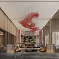 Elegant Modern Hotel Lobby Interior With Large Red Decorative Chandelier Comfortable Sofa And Green Plants