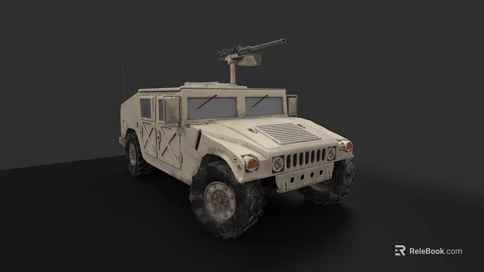 Beige Military Tank With Mounted Machine Gun And Off Road Wheels 3d model 