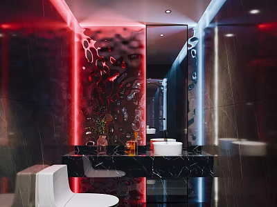 Modern Public Restroom Interior Design With Black Walls Red Lighting Marble Countertop And Mirror Decorations 3d model