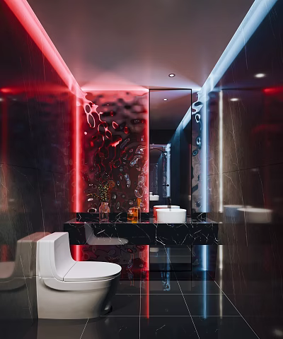 Modern Public Restroom Interior Design With Black Walls Red Lighting Marble Countertop And Mirror Decorations 3d model