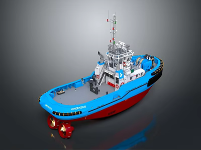 Blue and Red Tugboat With White Superstructure Antenna and Deck Gear 3d model