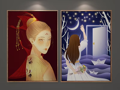Two Portrait Paintings Traditional Female with Hair Ornament Night Moon Stars Paper Boats and Bouquet 3d model