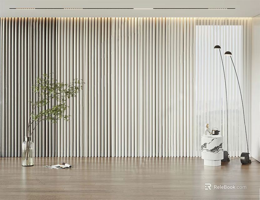 Modern Vertical Striped Curtains Light Fabric Design For Living Room Interior With Wooden Floor Green Plant And Floor Lamp 3d model 