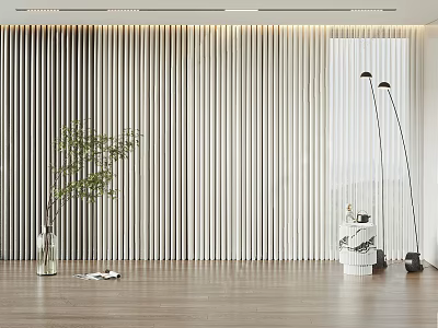Modern Vertical Striped Curtains Light Fabric Design For Living Room Interior With Wooden Floor Green Plant And Floor Lamp 3d model