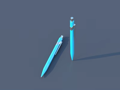 Two Blue Pens One Lying Flat and One Standing Upright on Gray Surface 3d model