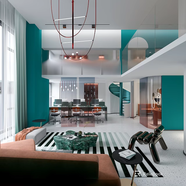 Modern Turquoise Open Plan Public Office Space With Spiral Staircase Pendant Lights And Geometric Floor 3d model 