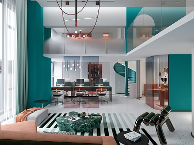 Modern Turquoise Open Plan Public Office Space With Spiral Staircase Pendant Lights And Geometric Floor 3d model