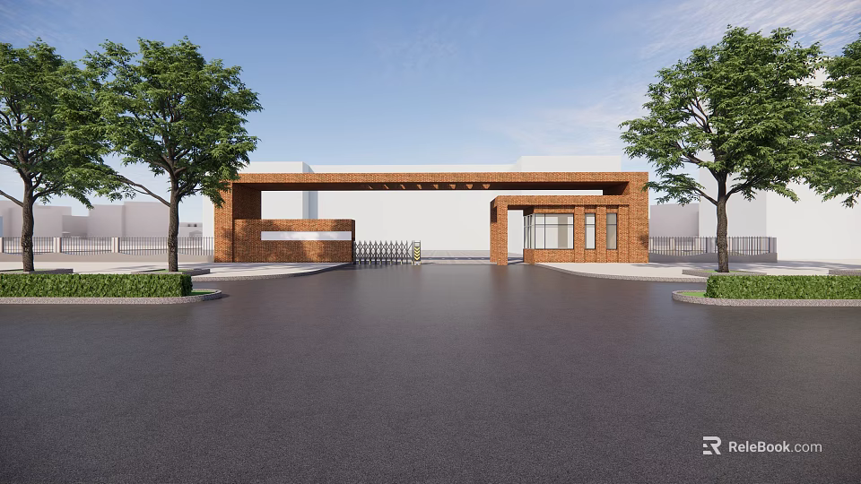Red Brick Entrance Gate Design With Trees On Both Sides And Driveway Under Blue Sky 3d model 