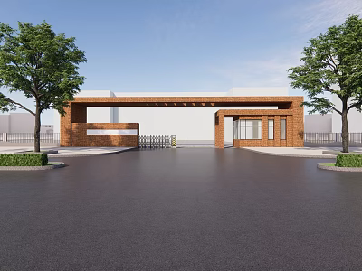 Red Brick Entrance Gate Design With Trees On Both Sides And Driveway Under Blue Sky 3d model