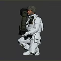 Woman in Camouflage Uniform Kneeling with Large Green Weapon and Helmet