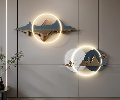 Modern Wall Decor With Circular Light Ring And Mountain Design Patterns 3d model