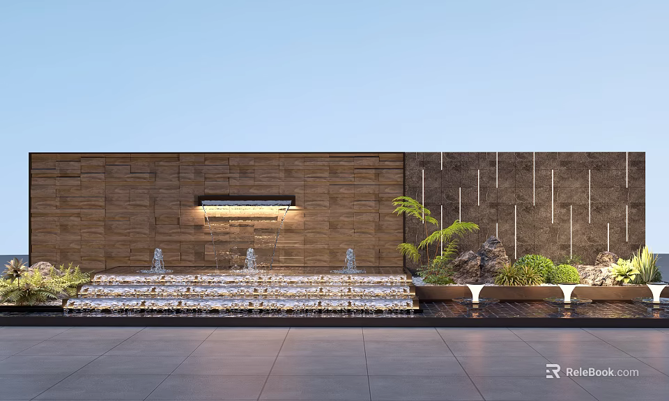 Modern Stone Feature Wall with Built-in Lighting Stepped Water Feature and Green Plants 3d model 