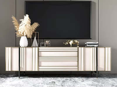 Modern Light Colored TV Stand with White Vase Feather Gold Figurine and Storage Drawers 3d model