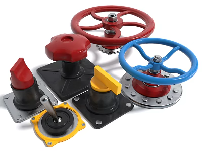 Various Switch Panels Featuring Colored Wheel And Lever Handles With Sturdy Bases 3d model