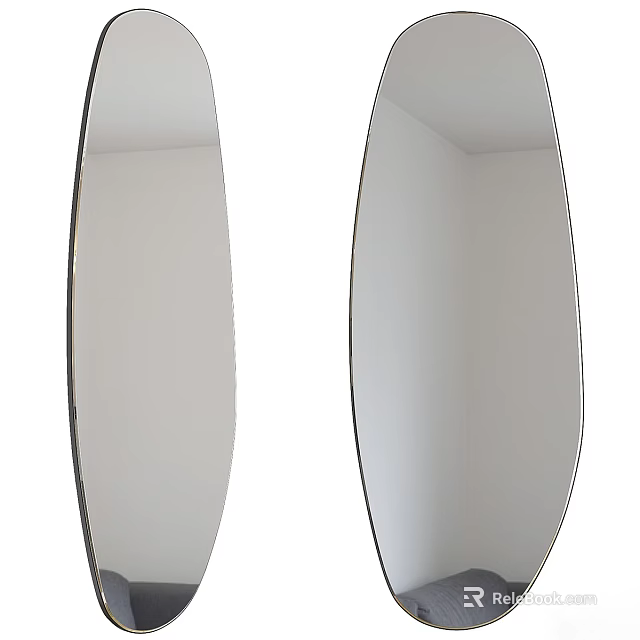Stylish Two Oval Mirrors Placed Against White Wall for Interior Decor 3d model 