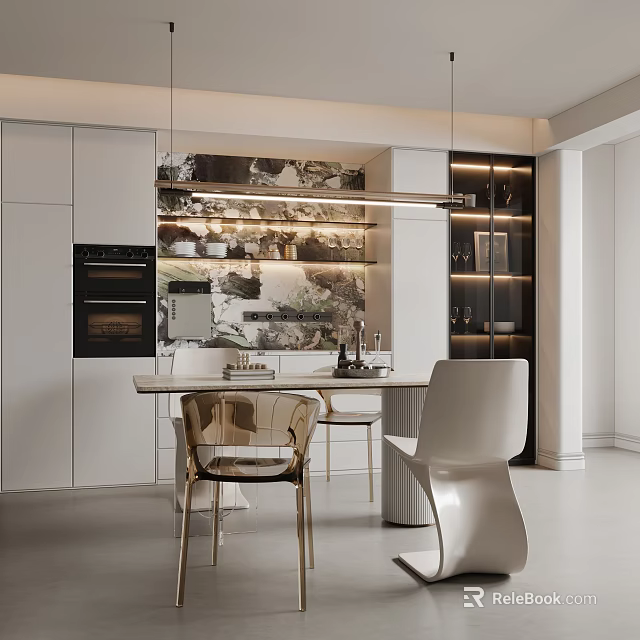 Elegant Modern Restaurant Interior With Dining Table Golden Chairs And Decorative Wall 3d model 