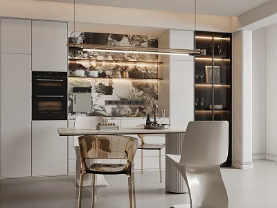 Elegant Modern Restaurant Interior With Dining Table Golden Chairs And Decorative Wall 3d model