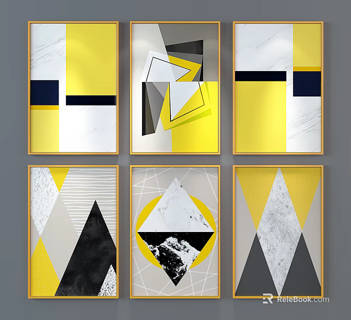 Abstract Geometric Wall Art with Yellow Black White Patterns and Gold Frames 3d model