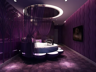 Modern Purple Hotel Room with Round Bed Round Ceiling Purple Walls Carpet Mirrors and Painting 3d model