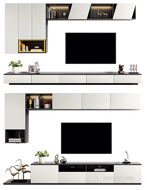 Modern White TV Stand With Storage Cabinets Decorative Plants And Black Screen 3d model 