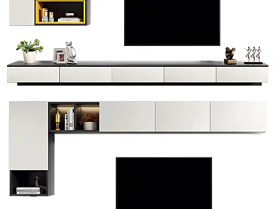 Modern White TV Stand With Storage Cabinets Decorative Plants And Black Screen 3d model