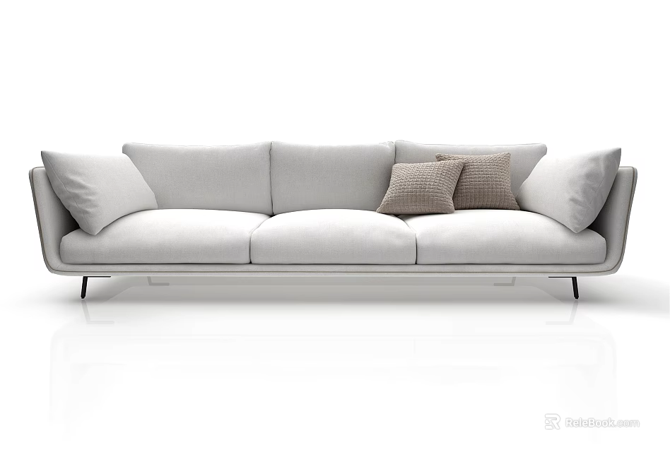 Modern Light Gray Three Seater Sofa with Soft Cushions and Metal Legs 3d model 
