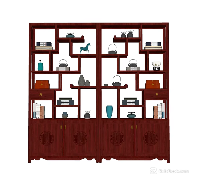 Traditional Wooden Chinese Curio Cabinet With Multiple Shelves Holding Tea Sets Vases And Books 3d model 