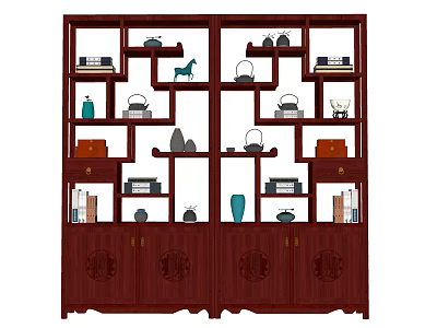 Traditional Wooden Chinese Curio Cabinet With Multiple Shelves Holding Tea Sets Vases And Books 3d model