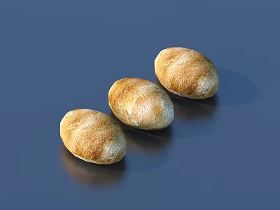 Three Freshly Baked Golden Brown Oval Shaped Breads On Dark Surface 3d model