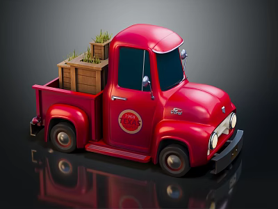 Red Vintage Truck With Wooden Crates And Grass In Cargo Bed 3d model