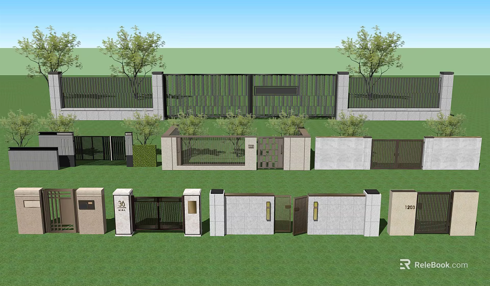 Various Entrance Gate Designs With Different Materials And Landscaped Greenery 3d model 
