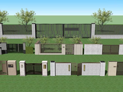 Various Entrance Gate Designs With Different Materials And Landscaped Greenery 3d model