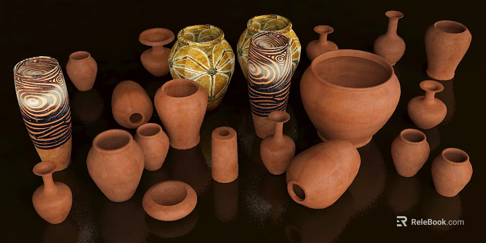 Ceramic Vessels Collection With Various Shapes Decorative Patterns And Earth Tones 3d model