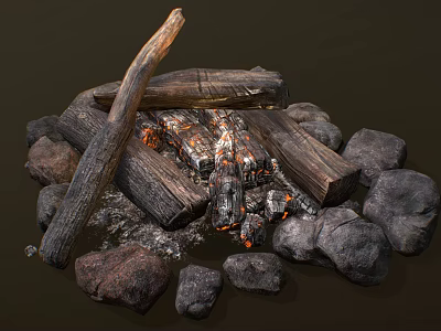 Rustic Garden Decor with Wooden Logs Stones Burned Ashes and Glowing Embers 3d model