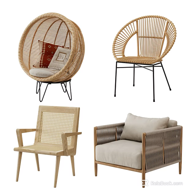 Leisure Chairs Rattan And Wooden Frame Modern Design Comfortable Cushions Various Styles 3d model 