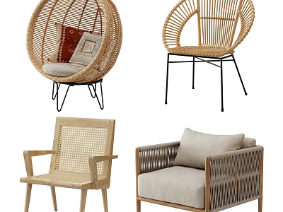 Leisure Chairs Rattan And Wooden Frame Modern Design Comfortable Cushions Various Styles 3d model