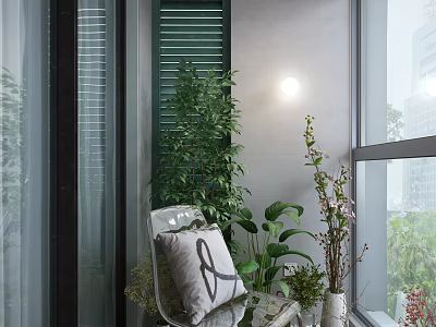 Villa Balcony Featuring Green Louvered Shutter Potted Plants Cozy Chair And Scenic View 3d model
