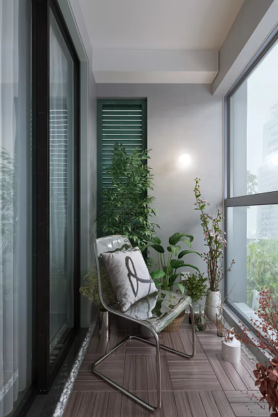 Villa Balcony Featuring Green Louvered Shutter Potted Plants Cozy Chair And Scenic View 3d model